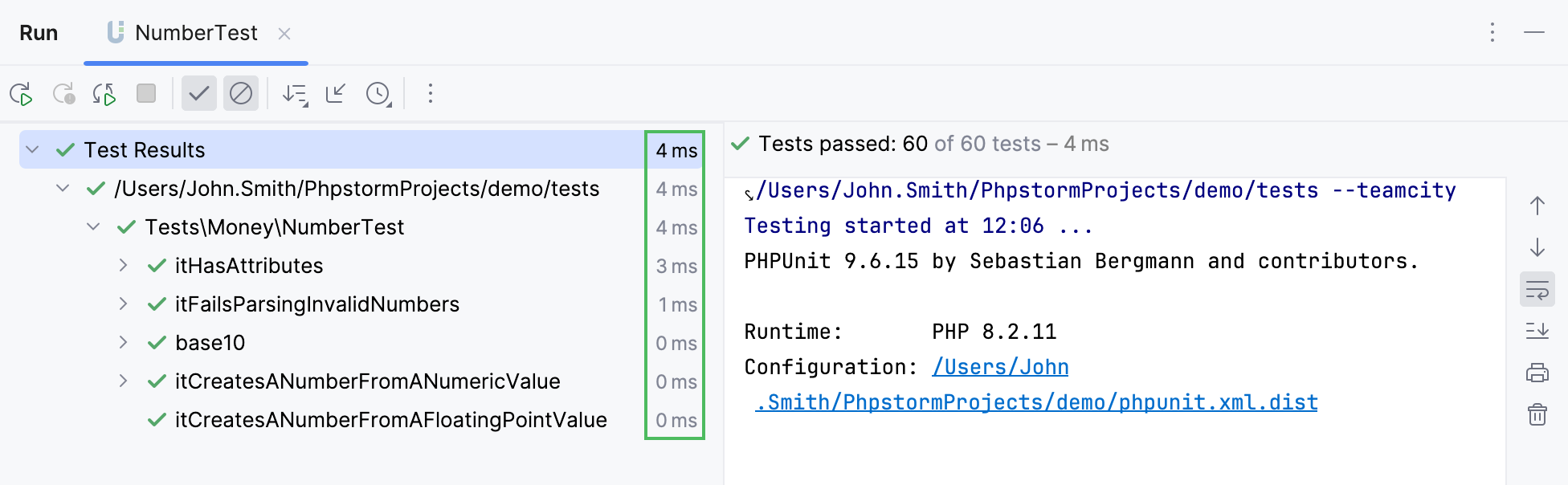 Test runner in the Run tool window Test runner in the Run tool window