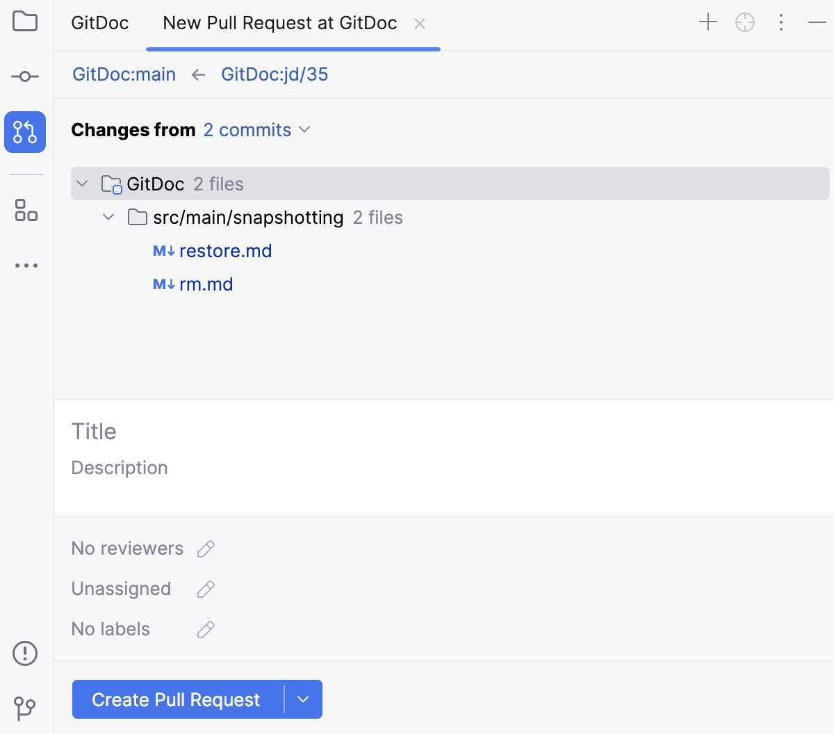 带有新 pull request 的 Pull Requests 工具窗口