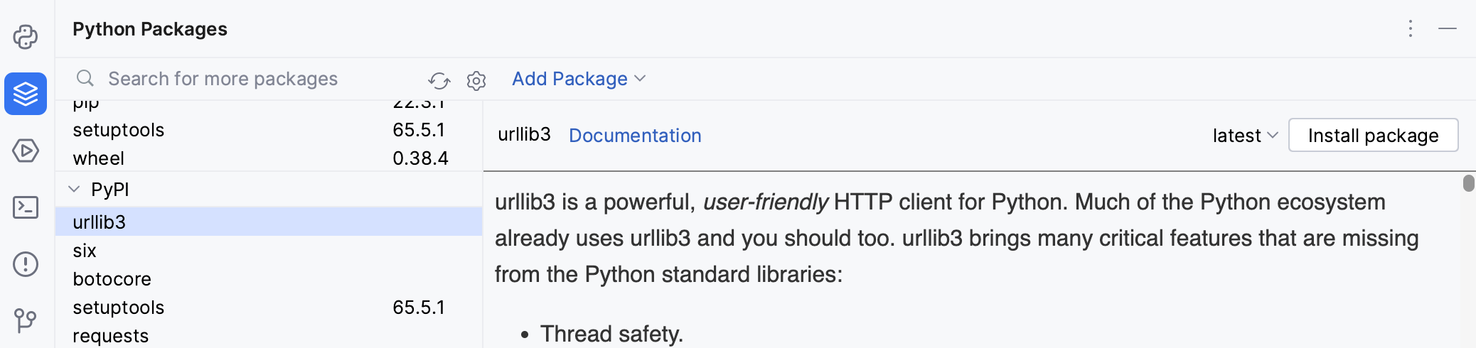 Python Package tool window Python Package tool window