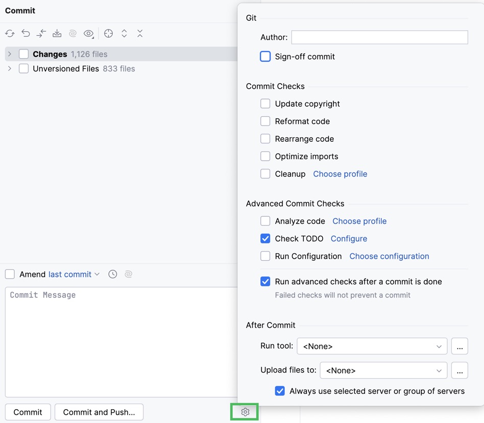 Advanced commit options popup Advanced commit options popup