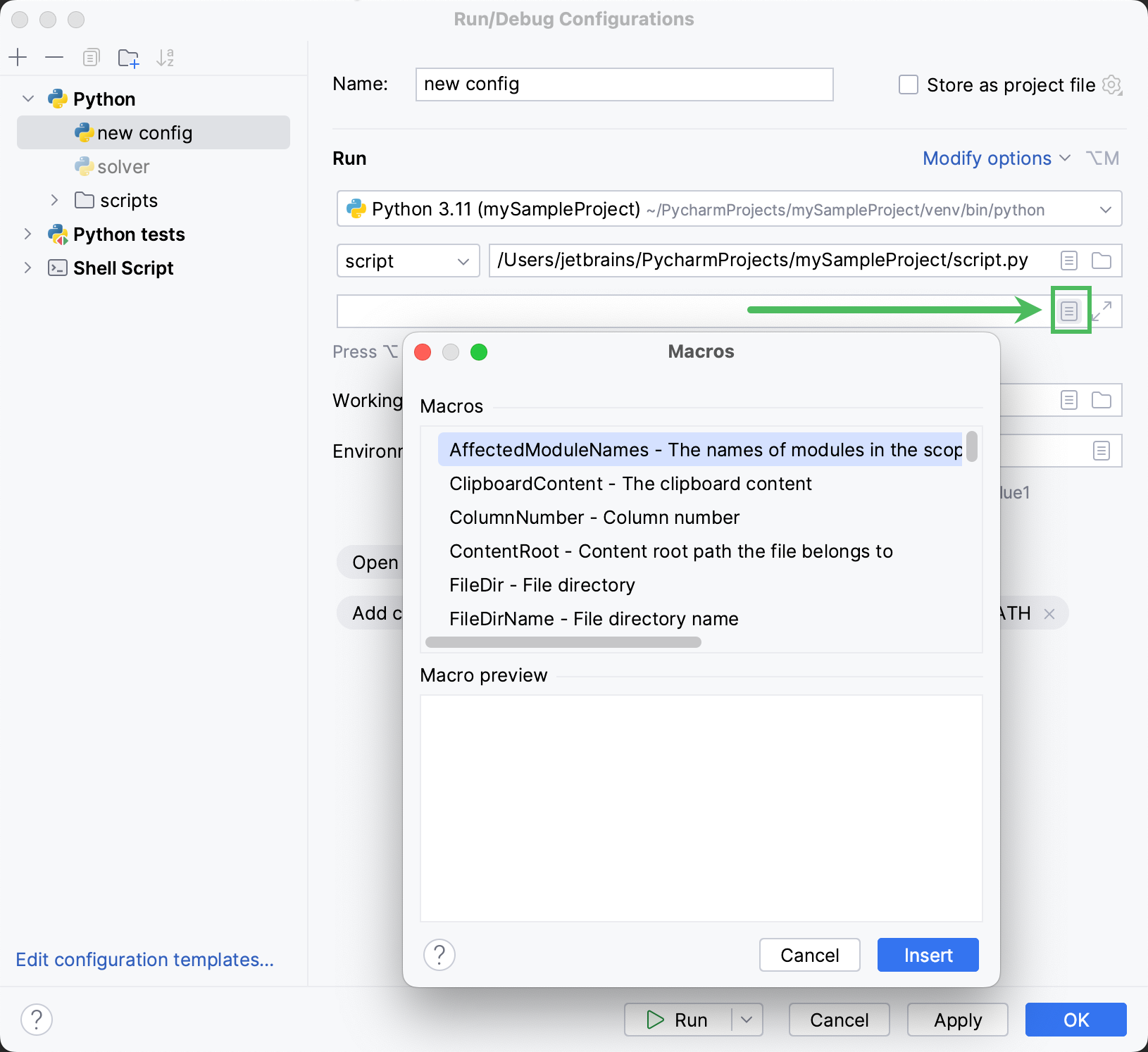 Adding macros to Python run configuration Adding macros to Python run configuration