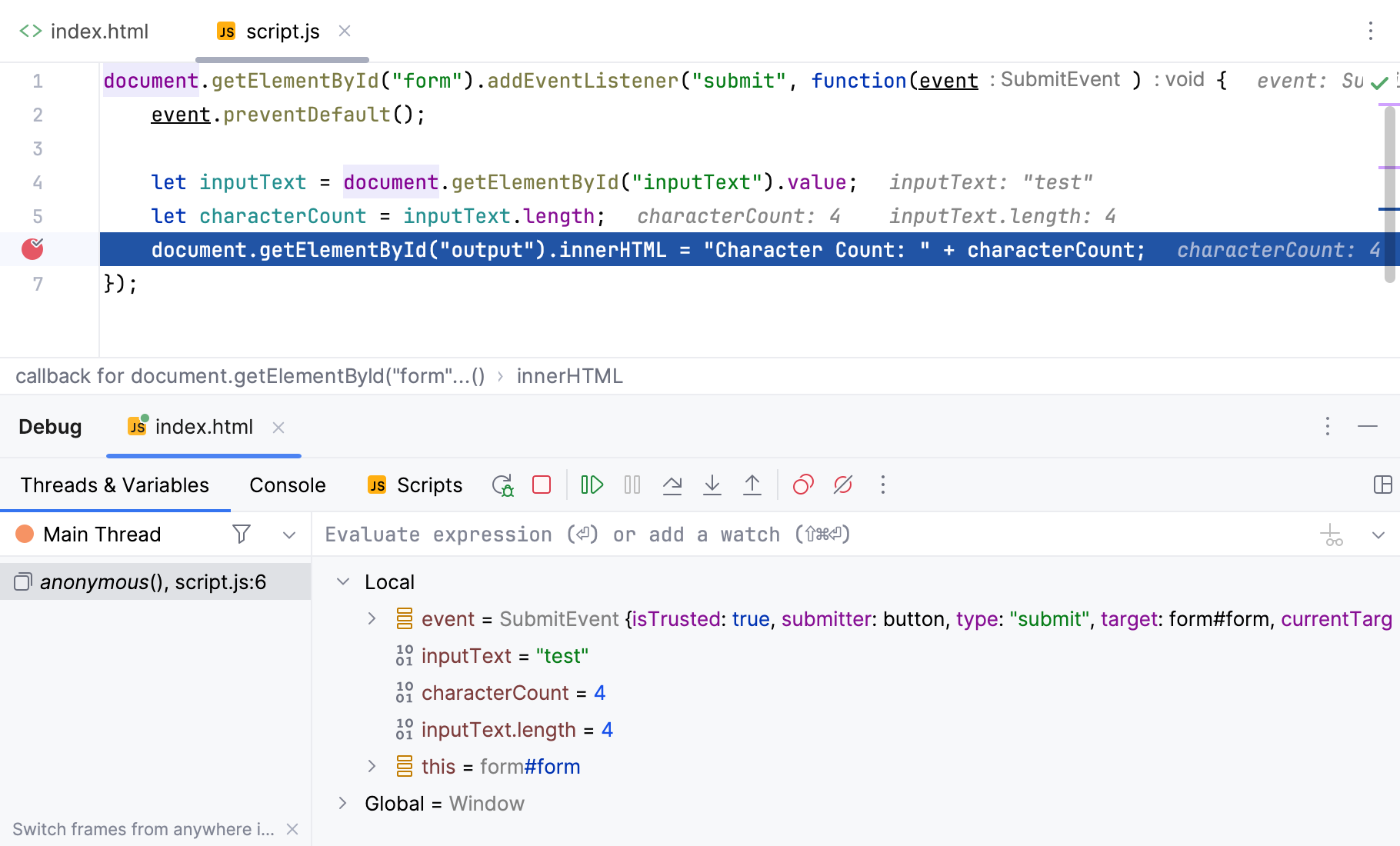 调试器在 JavaScript 的断点处停止