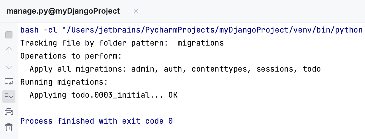The 'migrate' command output in console The 'migrate' command output in console