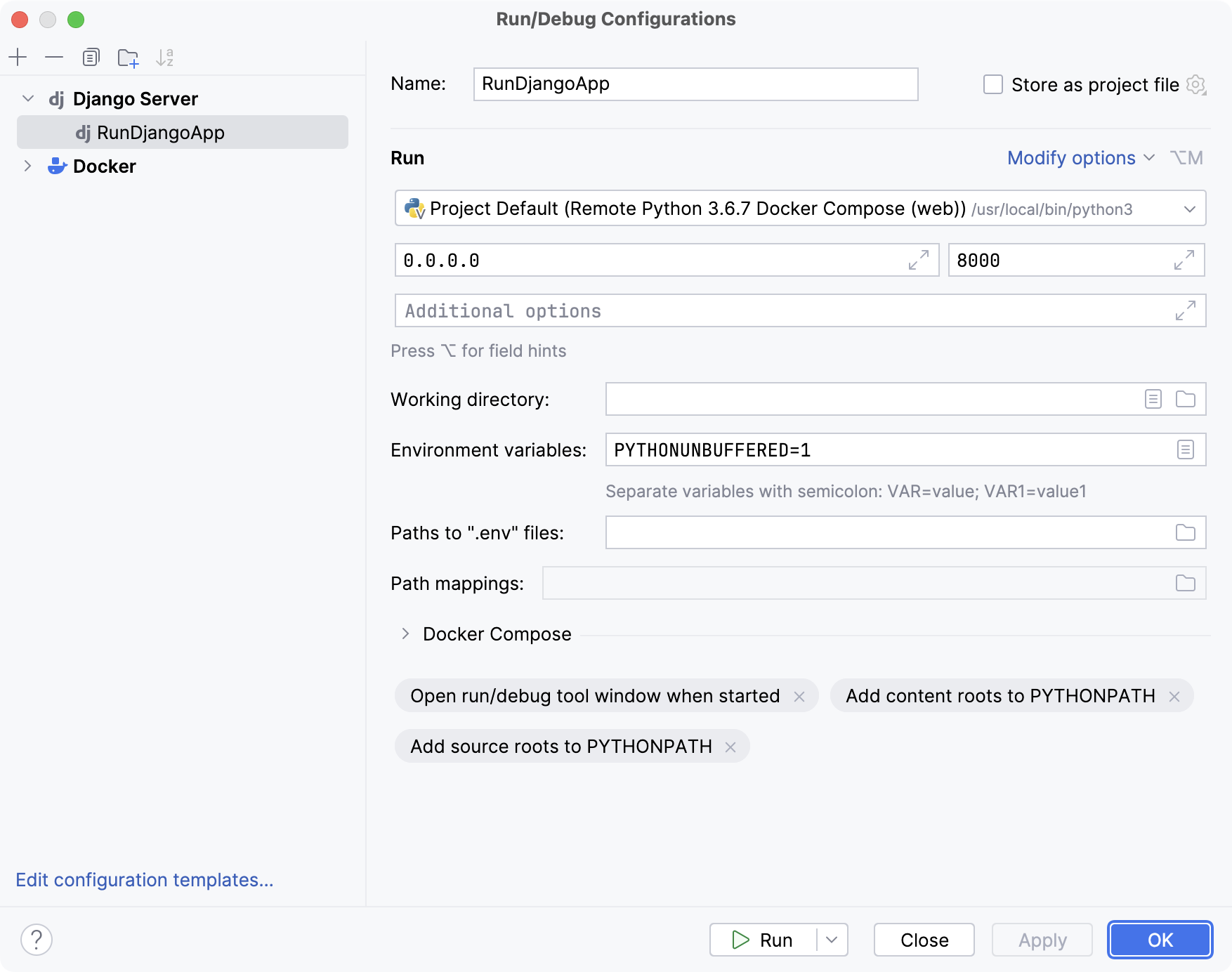 Run/Debug configuration for a Django server Run/Debug configuration for a Django server