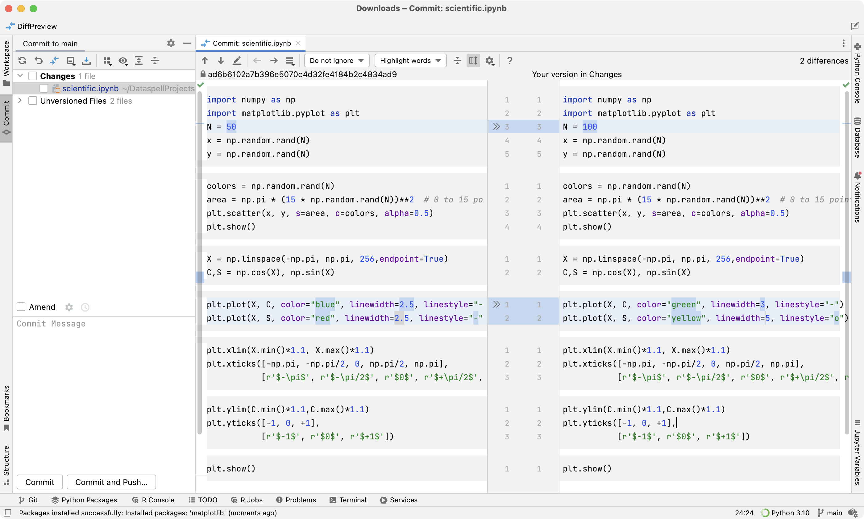 Viewing changes from the Commit tool window Viewing changes from the Commit tool window