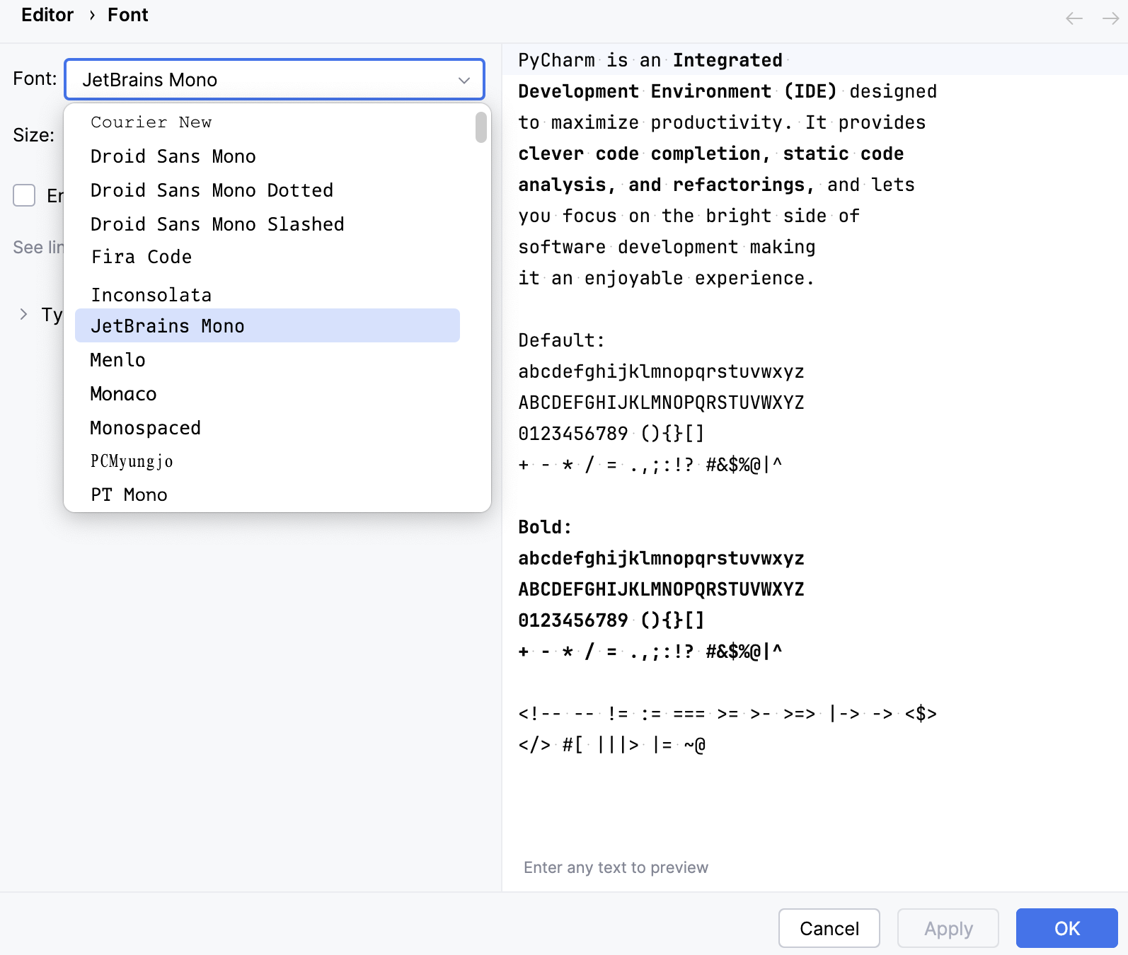 The Font settings page The Font settings page