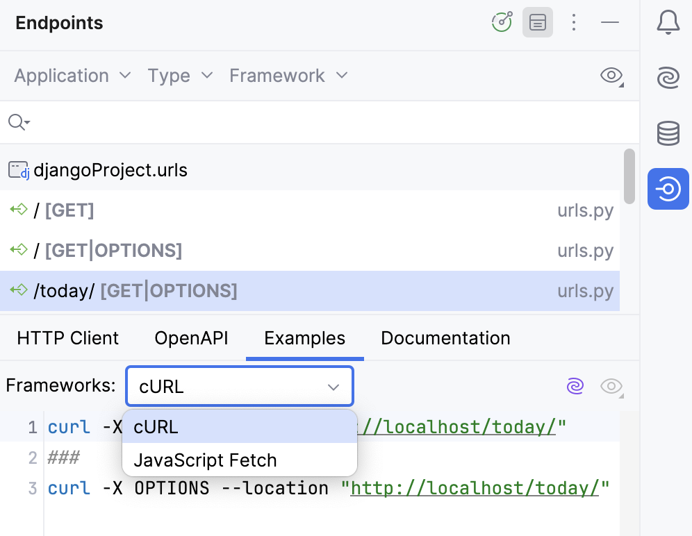 Endpoints 工具窗口:示例选项卡 Endpoints 工具窗口:示例选项卡