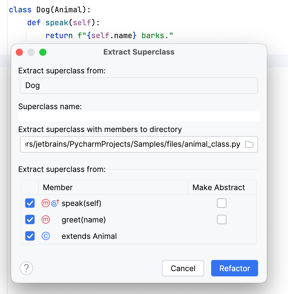 Extract Superclass dialog Extract Superclass dialog