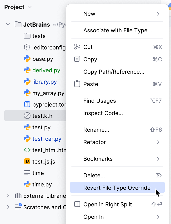 PyCharm: Changing the file type from Project tool window PyCharm: Changing the file type from Project tool window