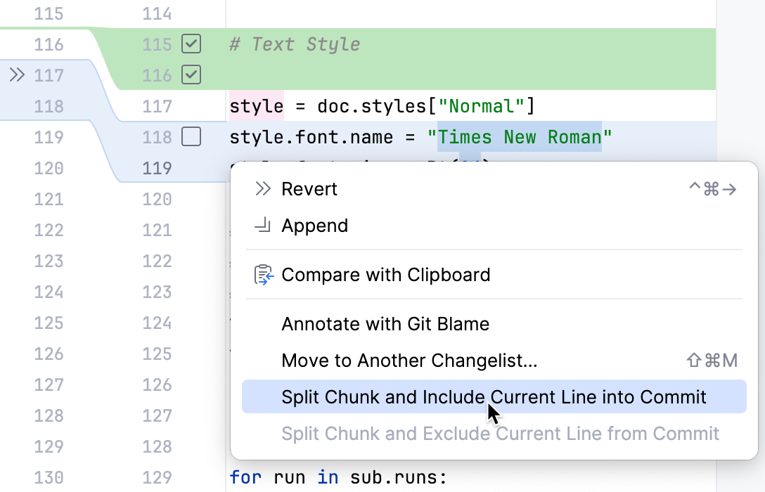 PyCharm: An option to include the current line in commit in the context menu PyCharm: An option to include the current line in commit in the context menu