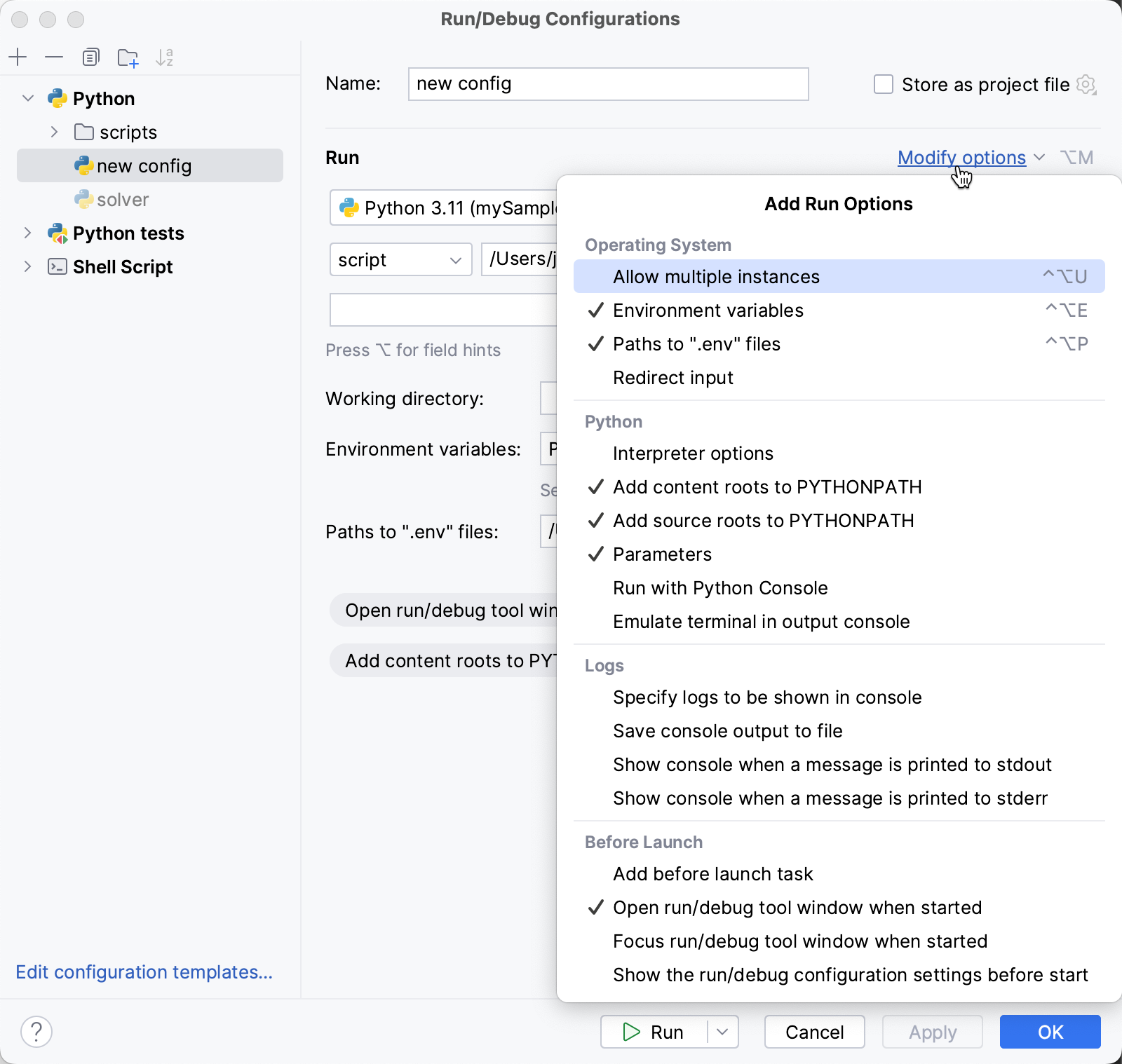 Enabling optional parameters for a Python run configuration Enabling optional parameters for a Python run configuration