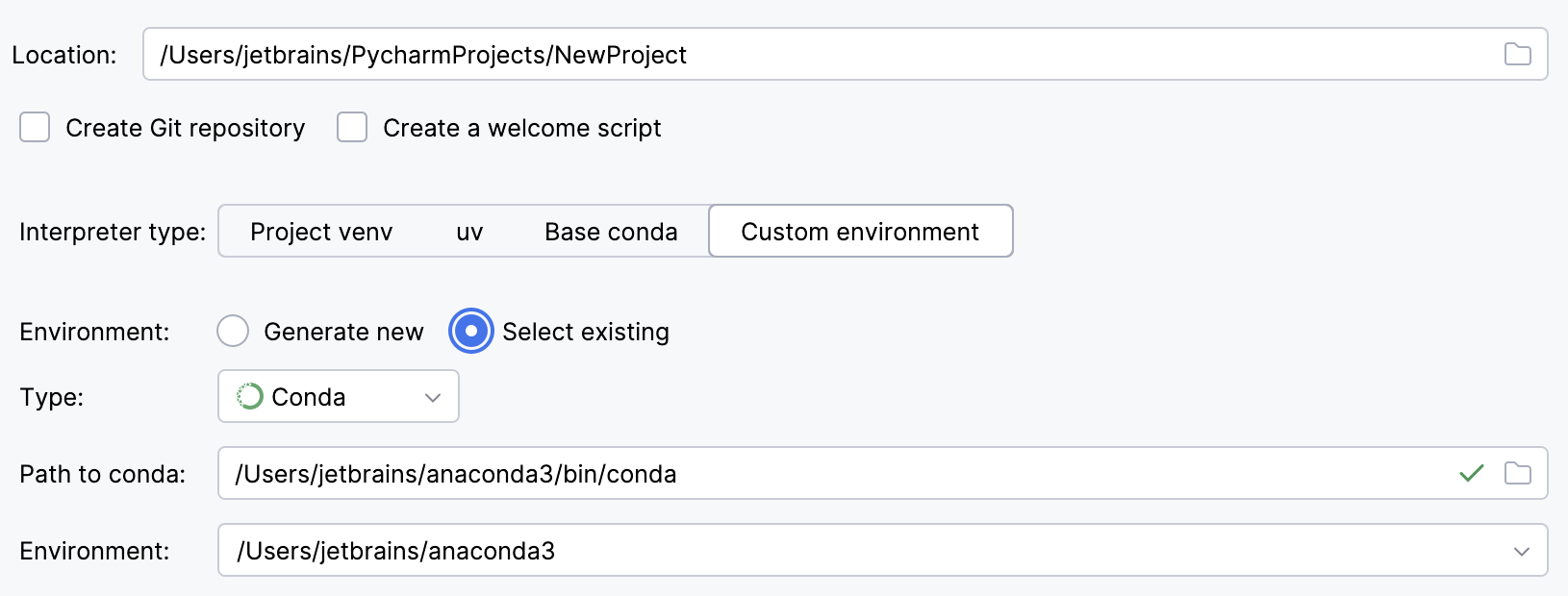 为新项目选择现有 conda 解释器 为新项目选择现有 conda 解释器