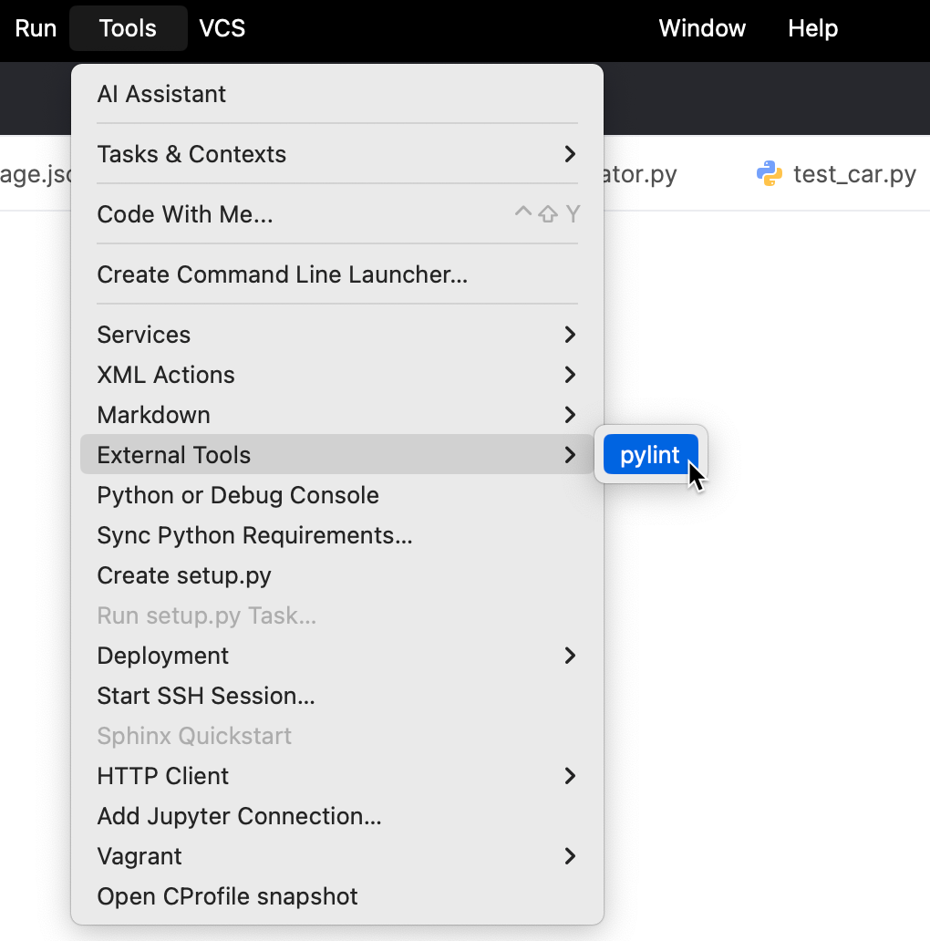 Pylint is shown in the External Tools menu Pylint is shown in the External Tools menu