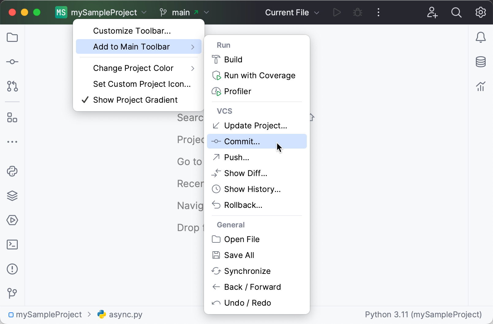Adding actions to main toolbar Adding actions to main toolbar