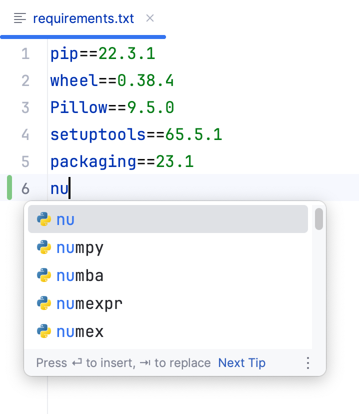 在 requirements.txt 中对软件包名称进行代码补全