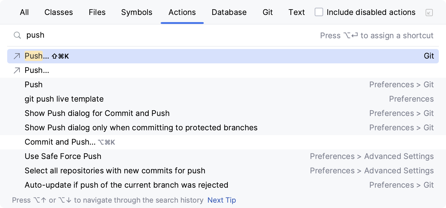 Search for push action Search for push action