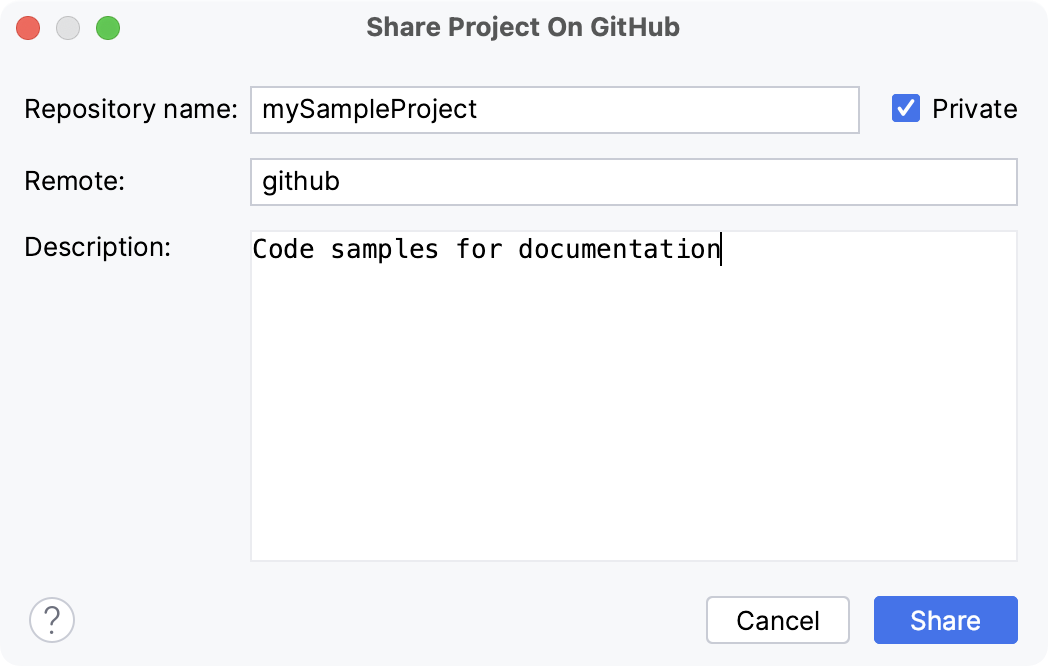 Share project on GitHub dialog Share project on GitHub dialog