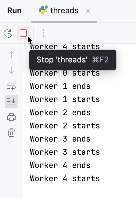 Stopping a running script in the Run tool window Stopping a running script in the Run tool window