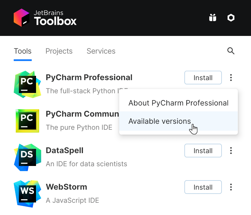 PyCharm in the Toolbox app PyCharm in the Toolbox app