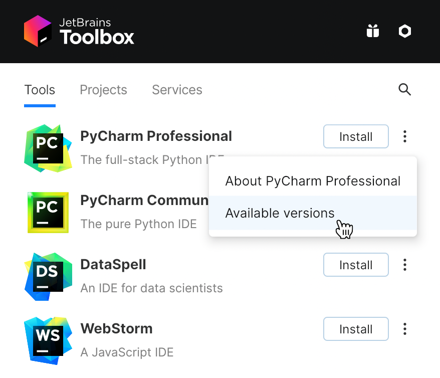 PyCharm in the Toolbox app PyCharm in the Toolbox app