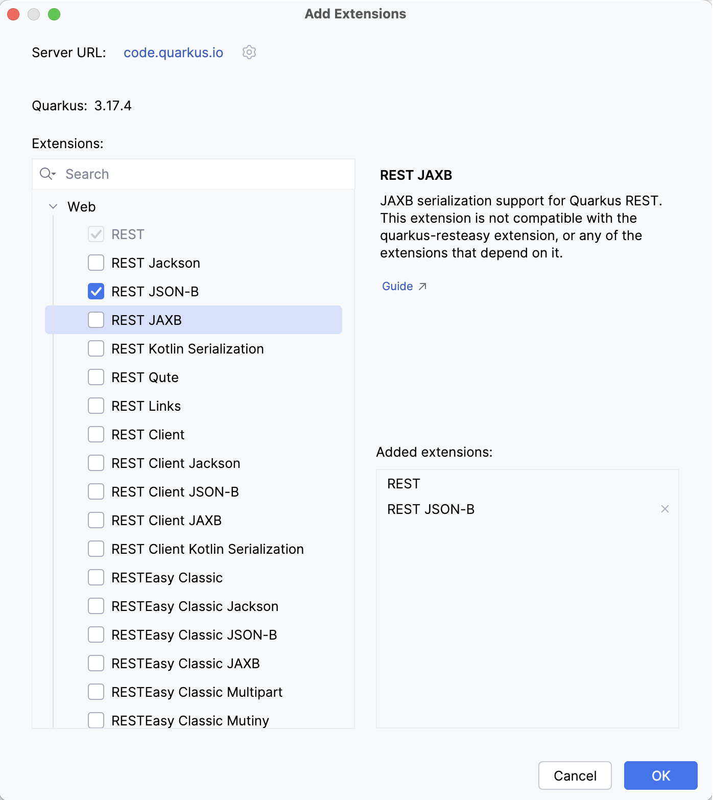 Quarkus Edit Extensions dialog Quarkus Edit Extensions dialog