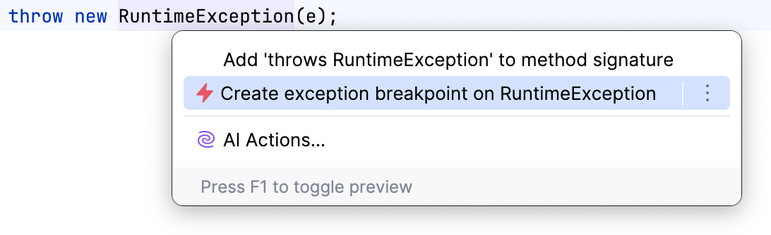 Create exception breakpoint option in the context menu Create exception breakpoint option in the context menu