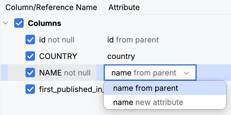 Inheriting an attribute in the JPA Entities from DB dialog