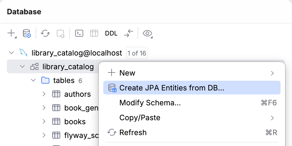 Create JPA Entities from DB action Create JPA Entities from DB action