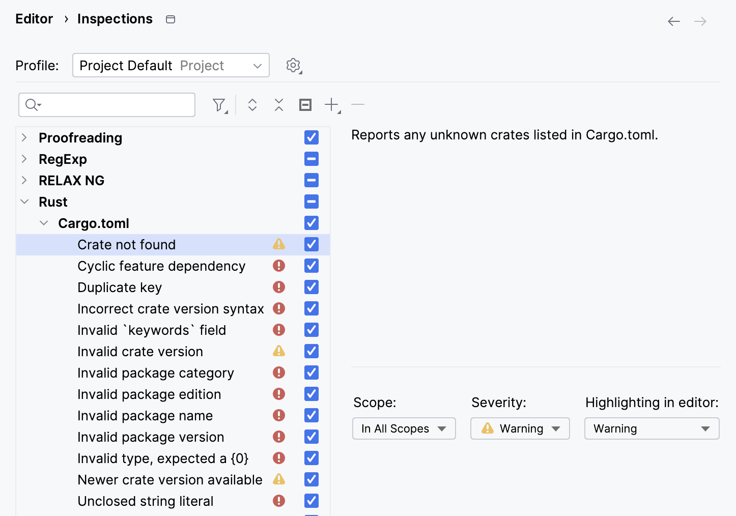 The list of Cargo.toml inspections in settings The list of Cargo.toml inspections in settings
