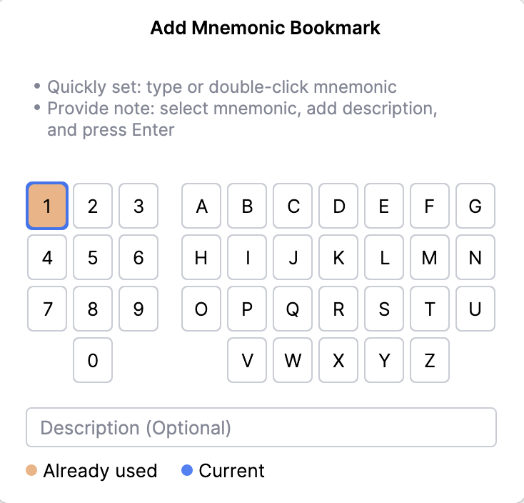 Adding a mnemonic bookmark: select an identifier Adding a mnemonic bookmark: select an identifier