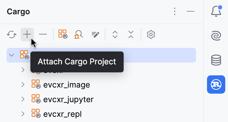 Attaching Cargo projects from the Cargo tool window Attaching Cargo projects from the Cargo tool window