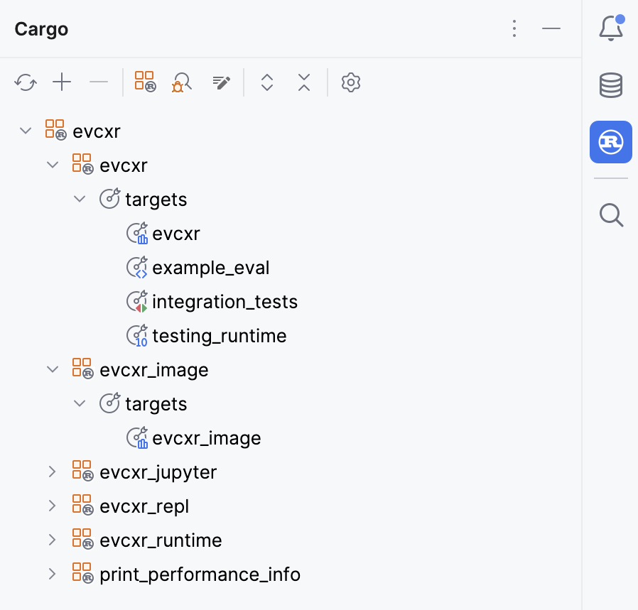 Cargo workspace displayed in the Cargo tool window Cargo workspace displayed in the Cargo tool window