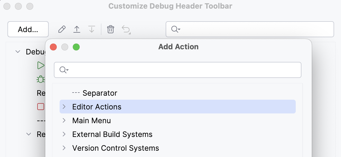 Customize Debugger Toolbar — Add Action dialog Customize Debugger Toolbar — Add Action dialog