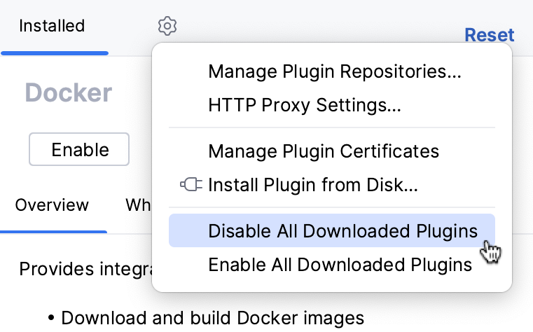 Disable all downloaded plugins Disable all downloaded plugins