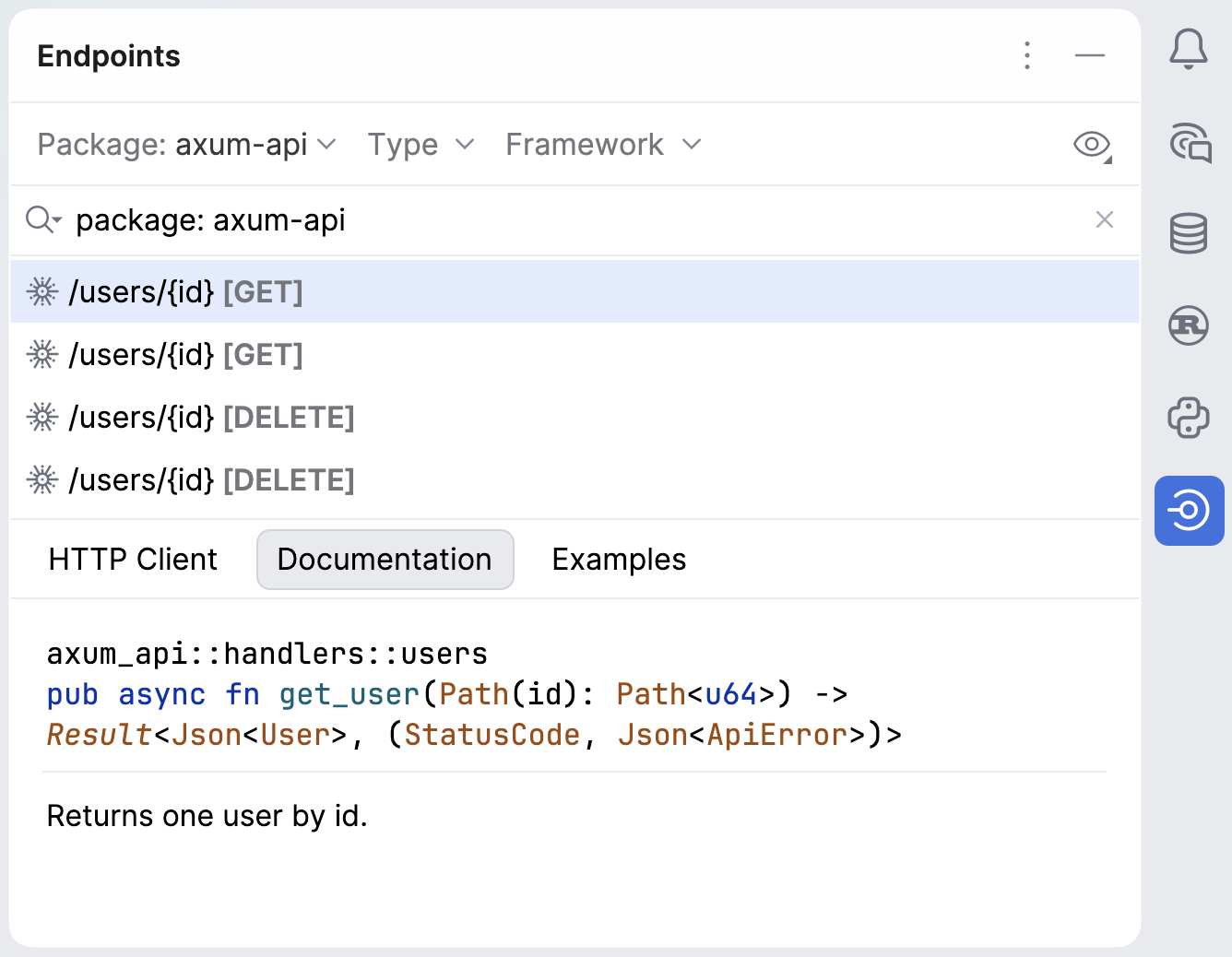 Endpoints tool window: Documentation tab Endpoints tool window: Documentation tab