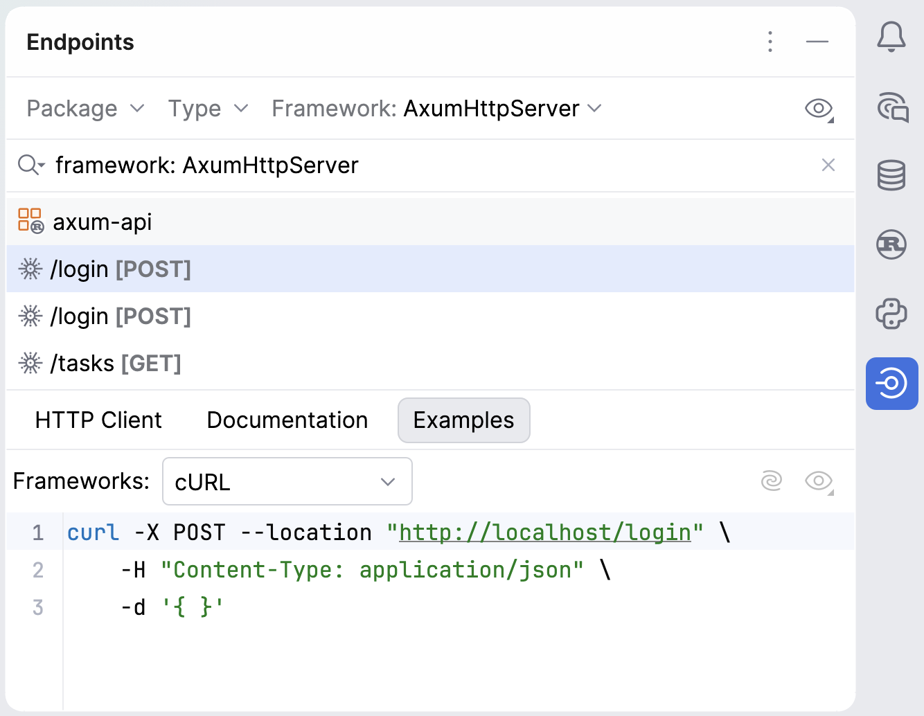 Endpoints tool window: Examples tab Endpoints tool window: Examples tab