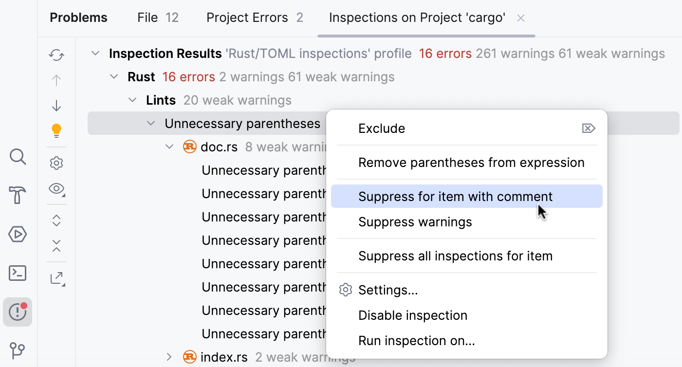 Suppressing an inspection in the Results tool window Suppressing an inspection in the Results tool window