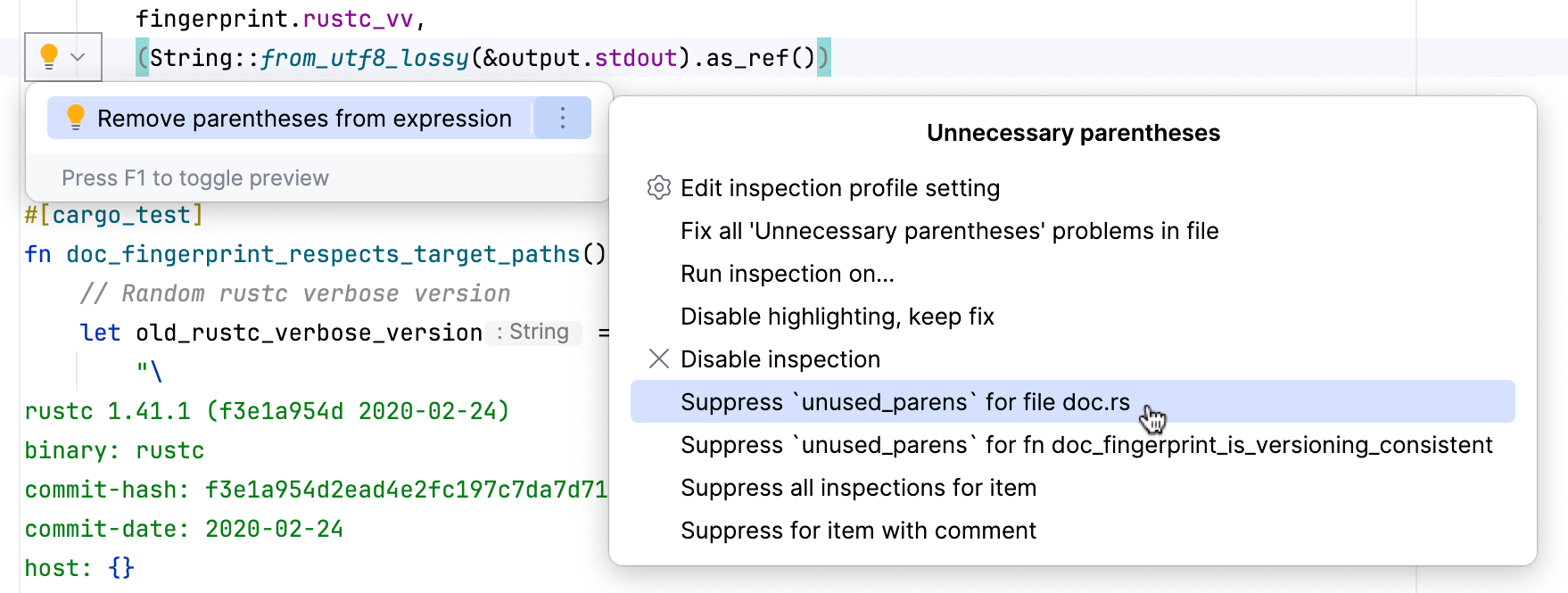 Suppress inspection in the editor Suppress inspection in the editor