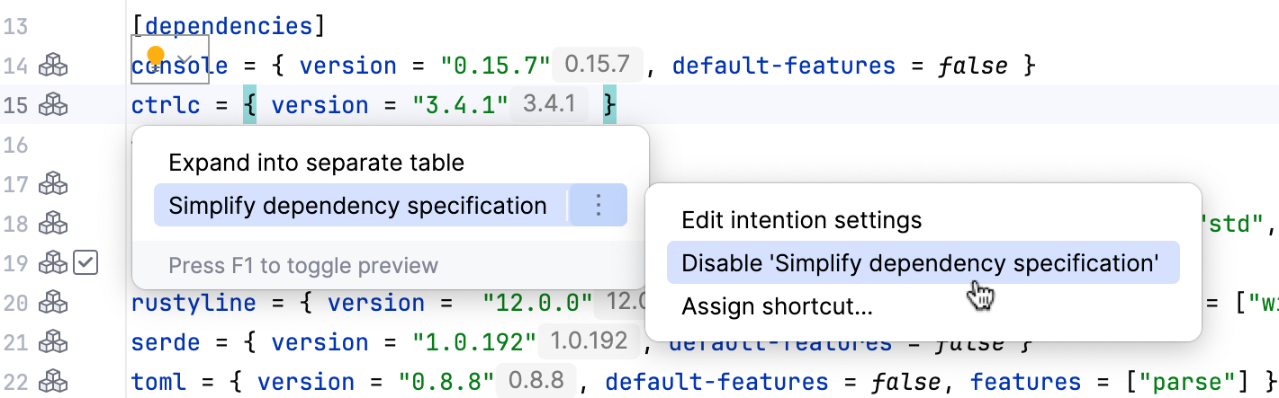 Disable an intention action Disable an intention action