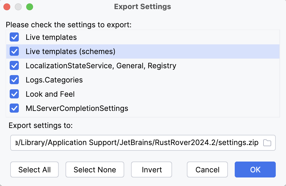 Export Settings dialog Export Settings dialog