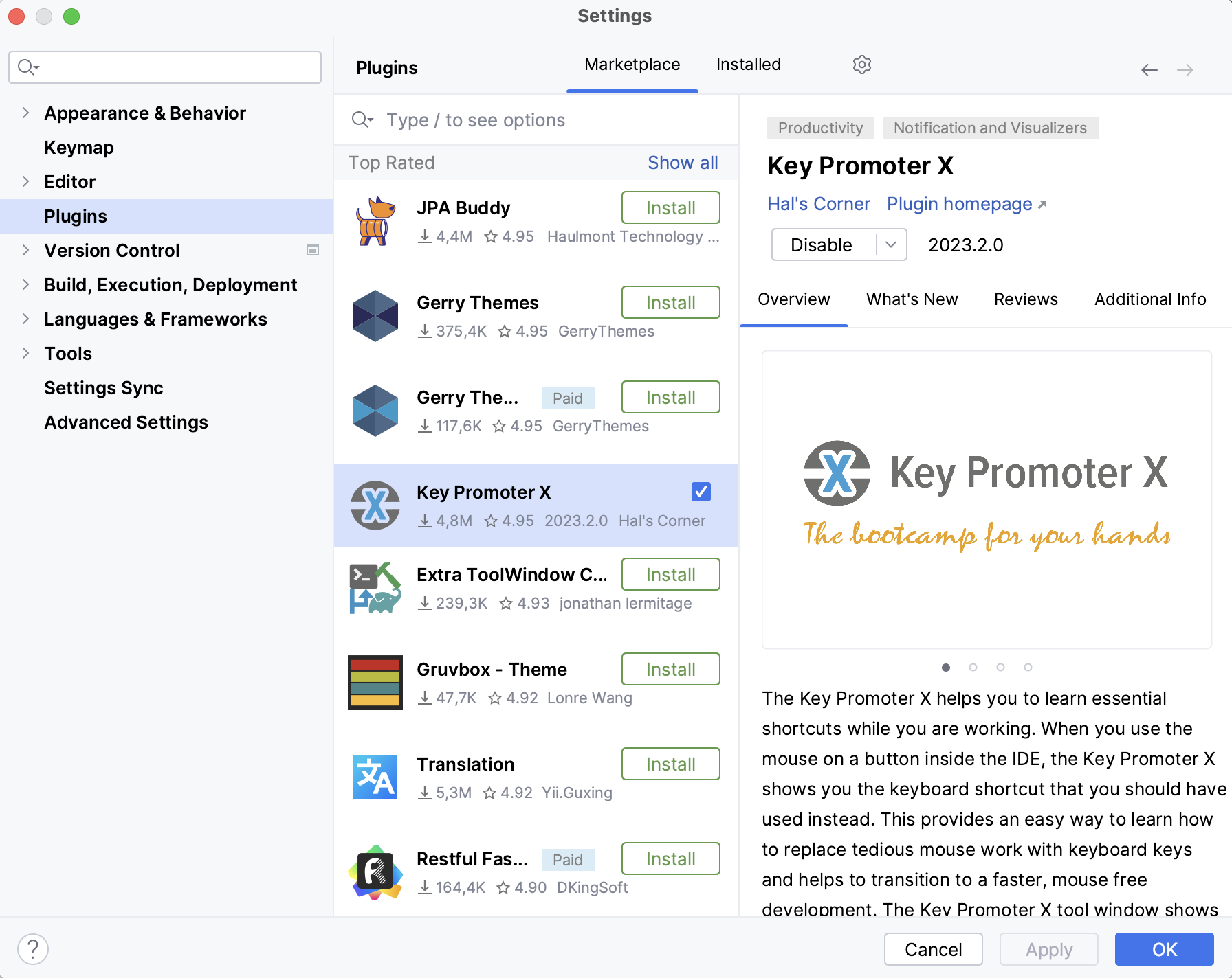 Plugins settings, Marketplace tab with Top Rated plugins; Key Promoter X selected, showing its description and Install button. Plugins settings, Marketplace tab with Top Rated plugins; Key Promoter X selected, showing its description and Install button.