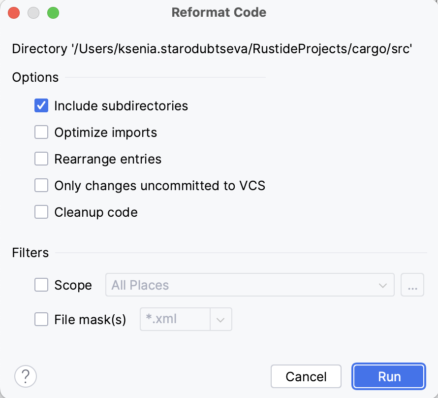 Reformat code dialog Reformat code dialog