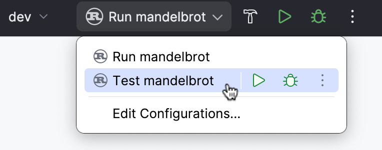 Selecting the default test project run/debug configuration Selecting the default test project run/debug configuration