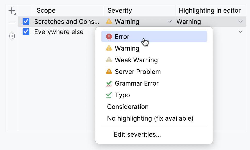 Configuring inspection severity for a particular scope Configuring inspection severity for a particular scope