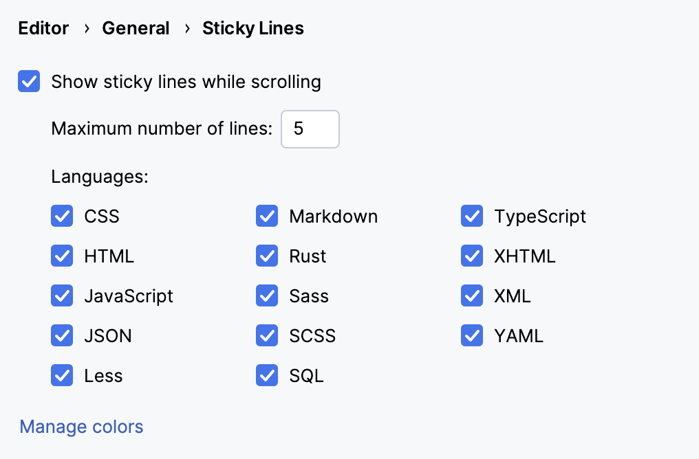 Disable sticky lines for specific languages in the IDE settings Disable sticky lines for specific languages in the IDE settings