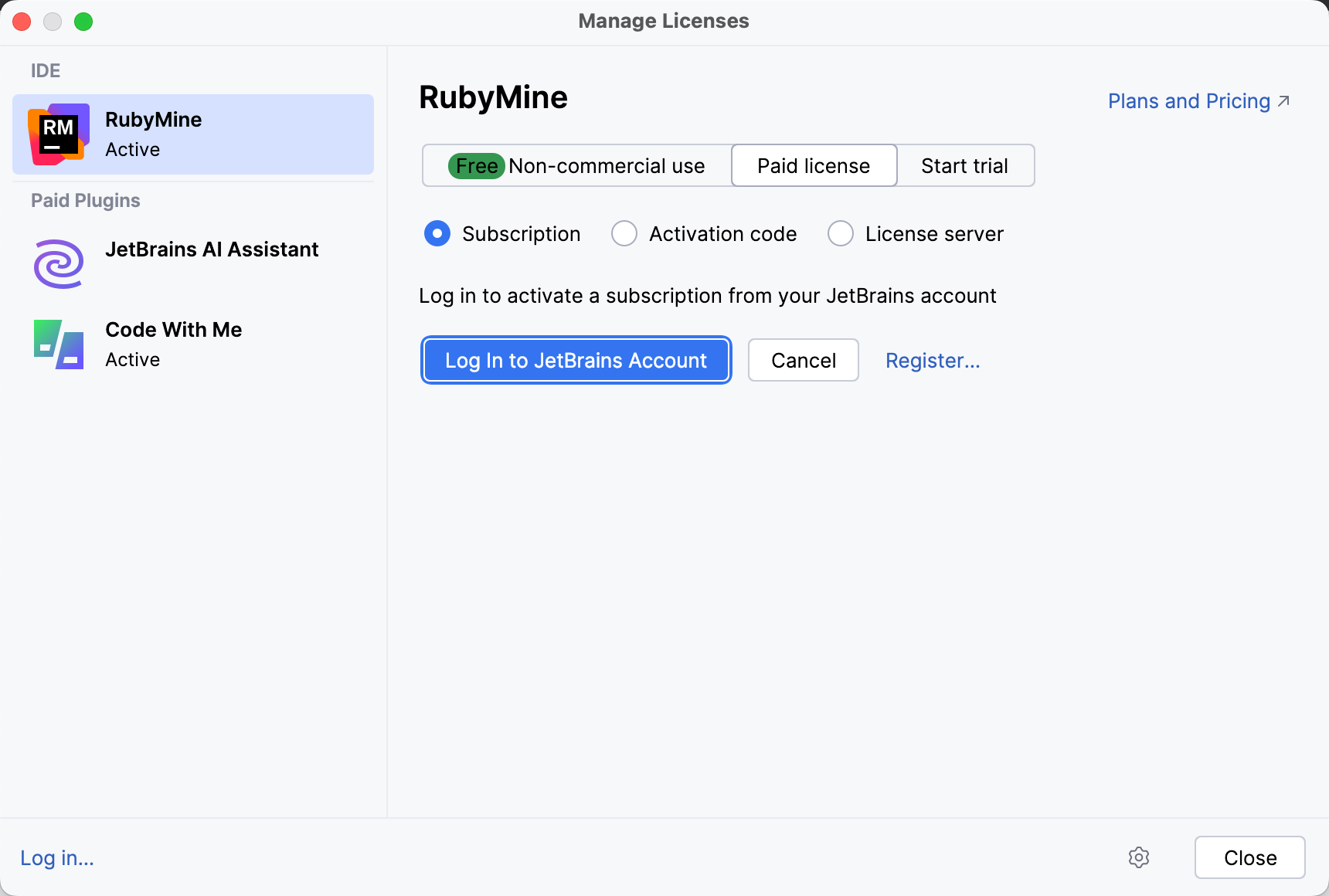 Activate RubyMine license with a JB Account Activate RubyMine license with a JB Account
