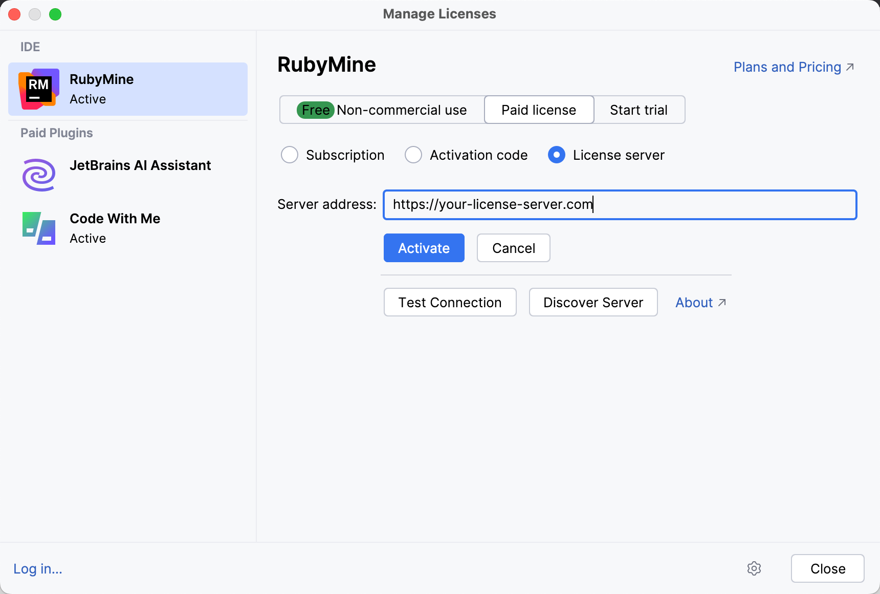 Activate RubyMine license with a license server Activate RubyMine license with a license server