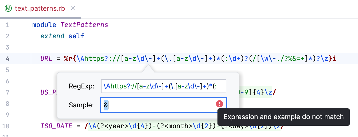 A dialog with current regex