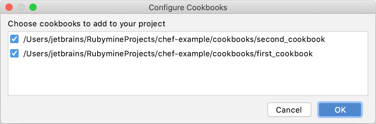 Configure Cookbooks dialog Configure Cookbooks dialog