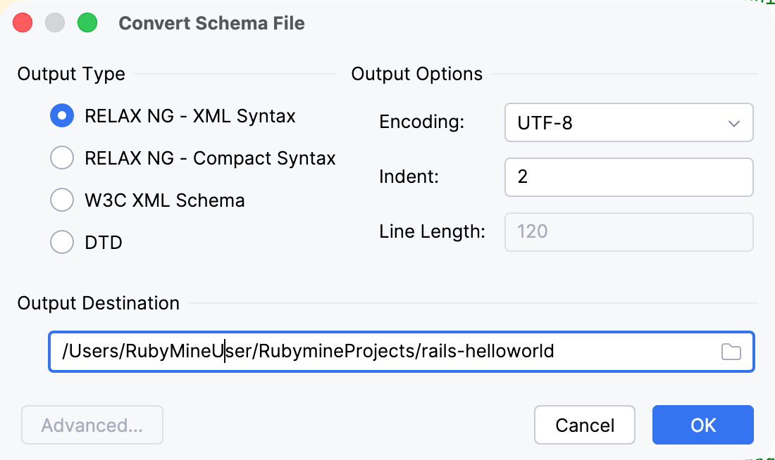 Convert Schema File dialog Convert Schema File dialog
